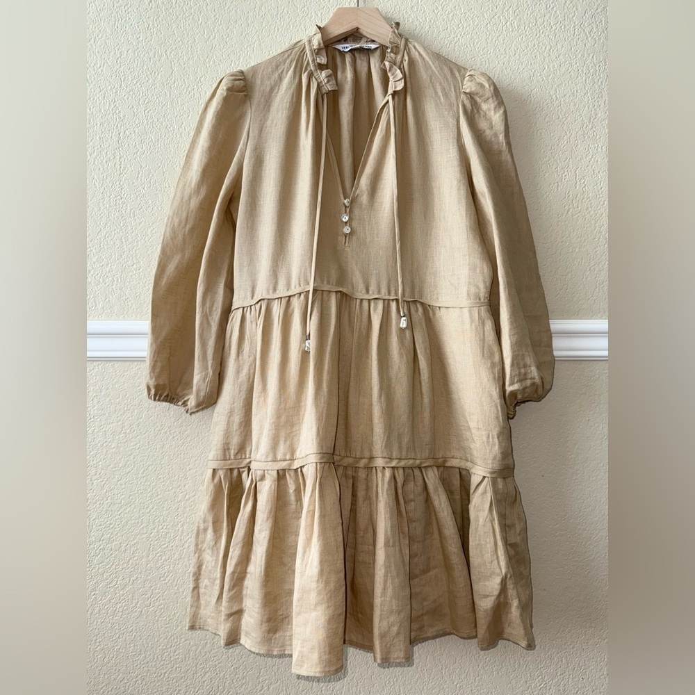 Veronica Beard 100% Linen Hawken Dress Pebble Khaki Size 0